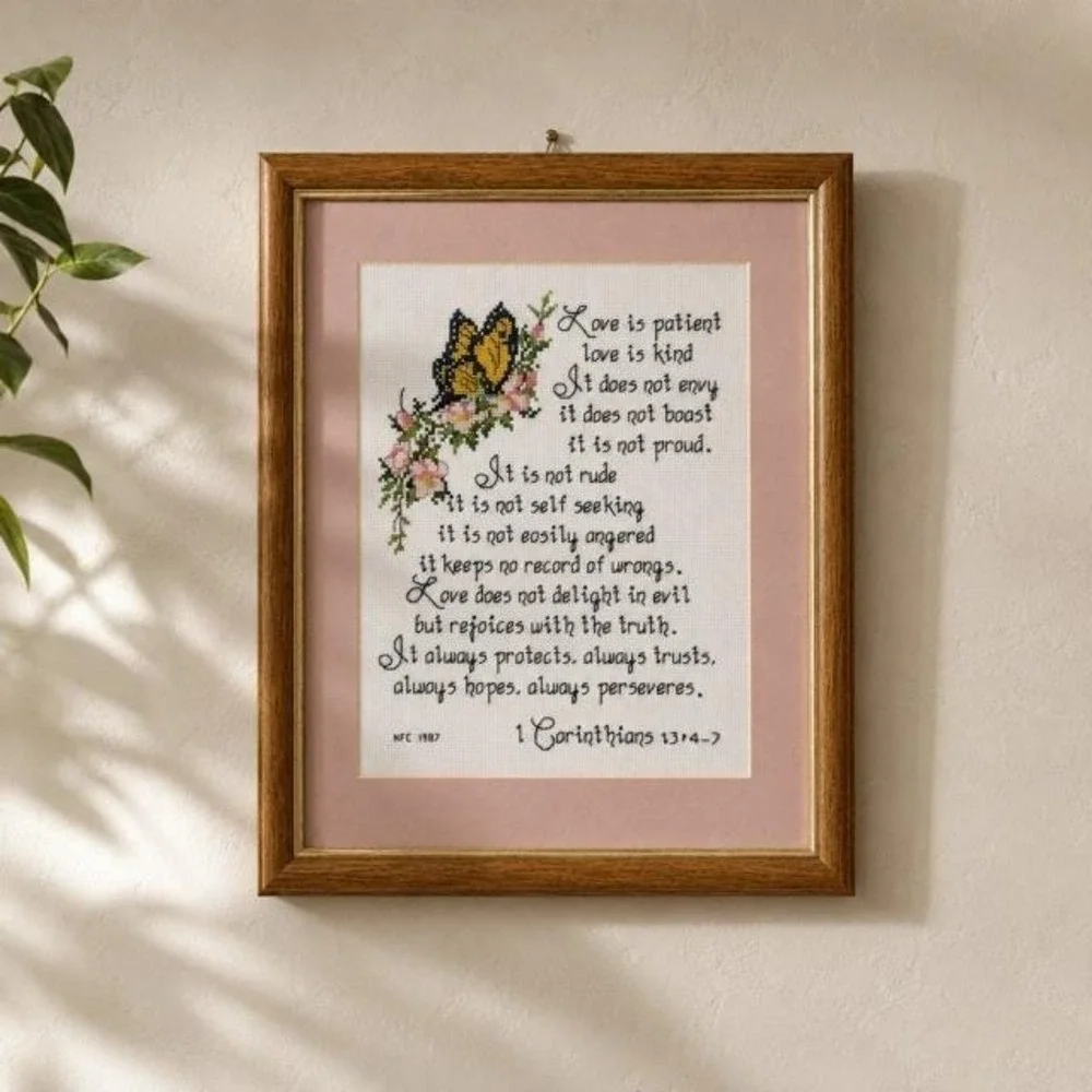 Vintage 1987 1 Corinthians 13:4-7 Cross Stitch Framed Scripture Wall Art